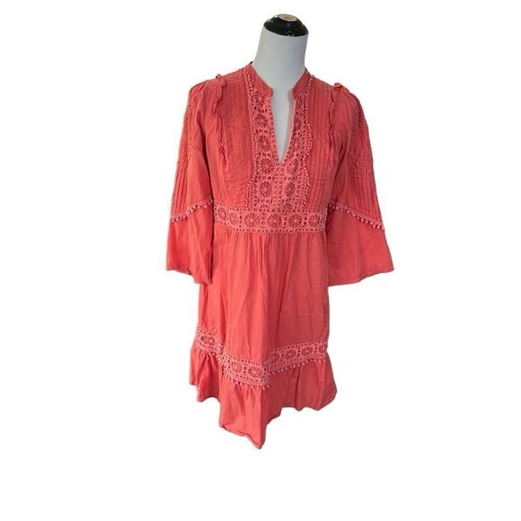 Anthropologie Akemi Kin Josephine Coral Floral Embroidered Lace Trim Dress Sz M - Picture 3 of 10